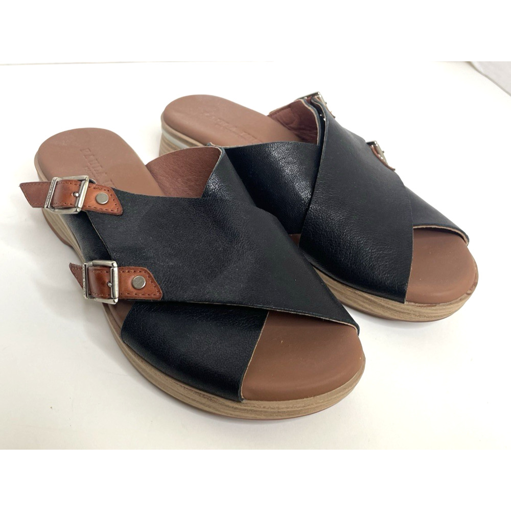 Paula Urban Black Leather Criss Cross Sandal Wedge Women Size 7 US 37 EU